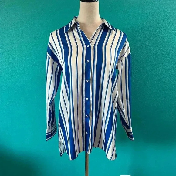 Zara Blue & White Stripe Satin Long Sleeve Classic Button-Down Shirt Size XS - Picture 2 of 5